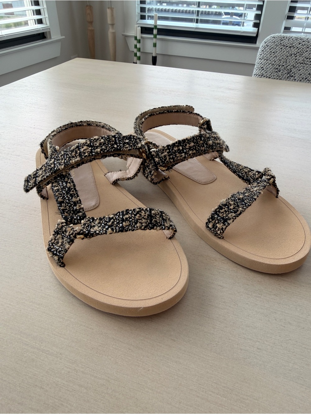 Stuart Weitzman Beige Footbed Sandals with Black-and-Cream Tweed Straps